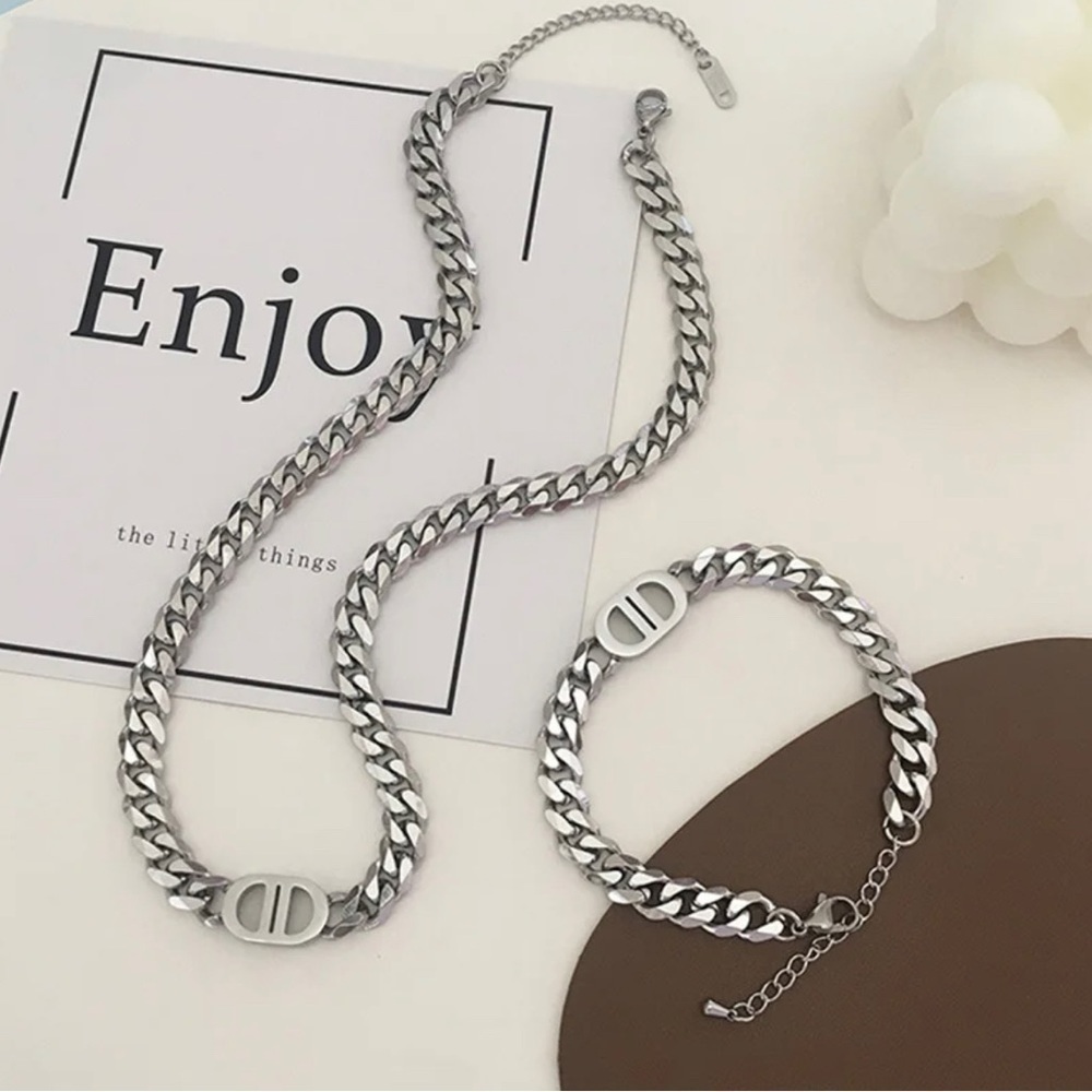 18k White Gold Pig Nose Designer Necklace And Bracelet Set “Veronica Set” Curb